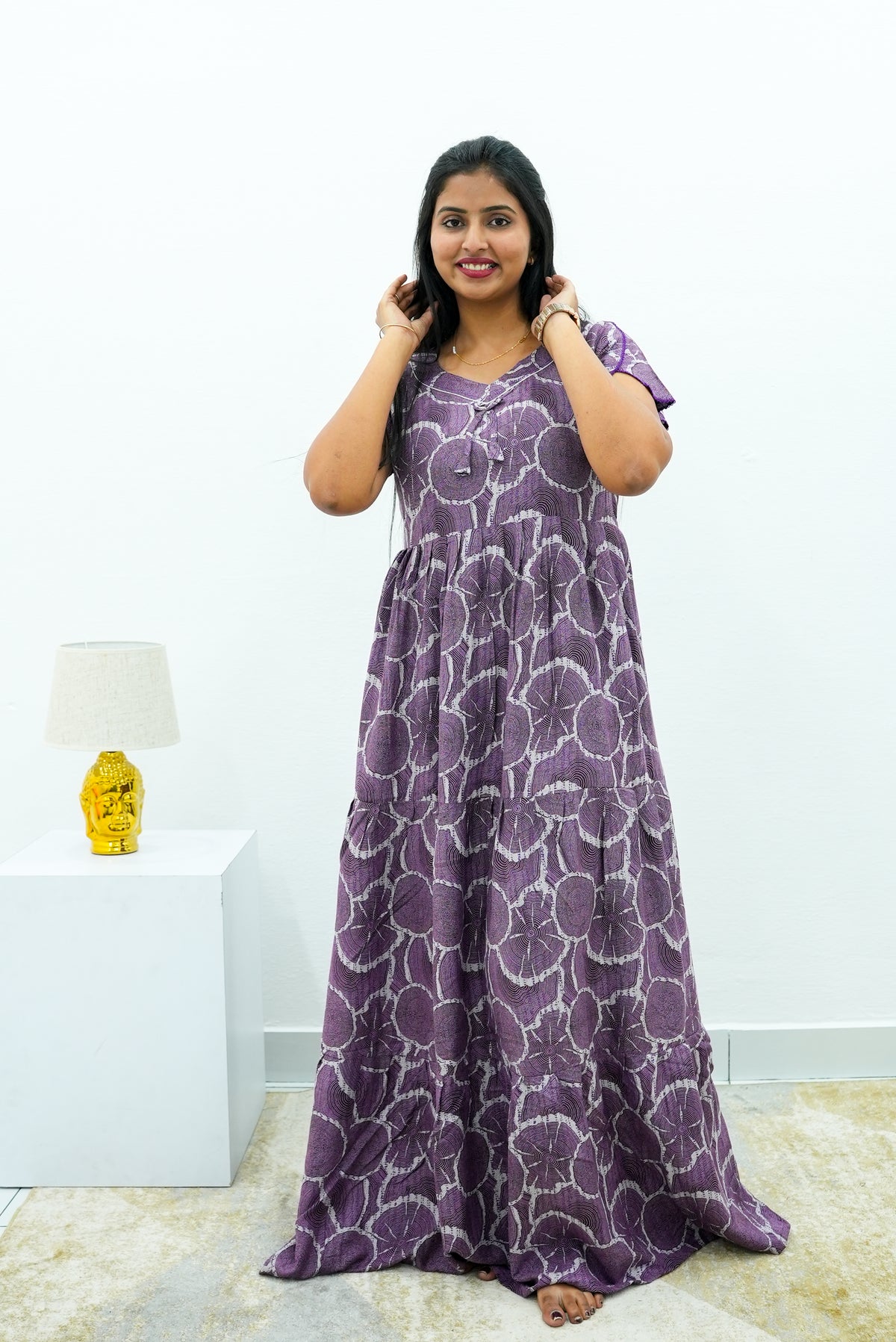 Stylish Alpine 3 Layer Frock Model Nighties| Fancy Sleeves & Neck Pattern| Side Pocket with Back Tie Rope | Perfect Nightwear Trendy Women's (AFK)