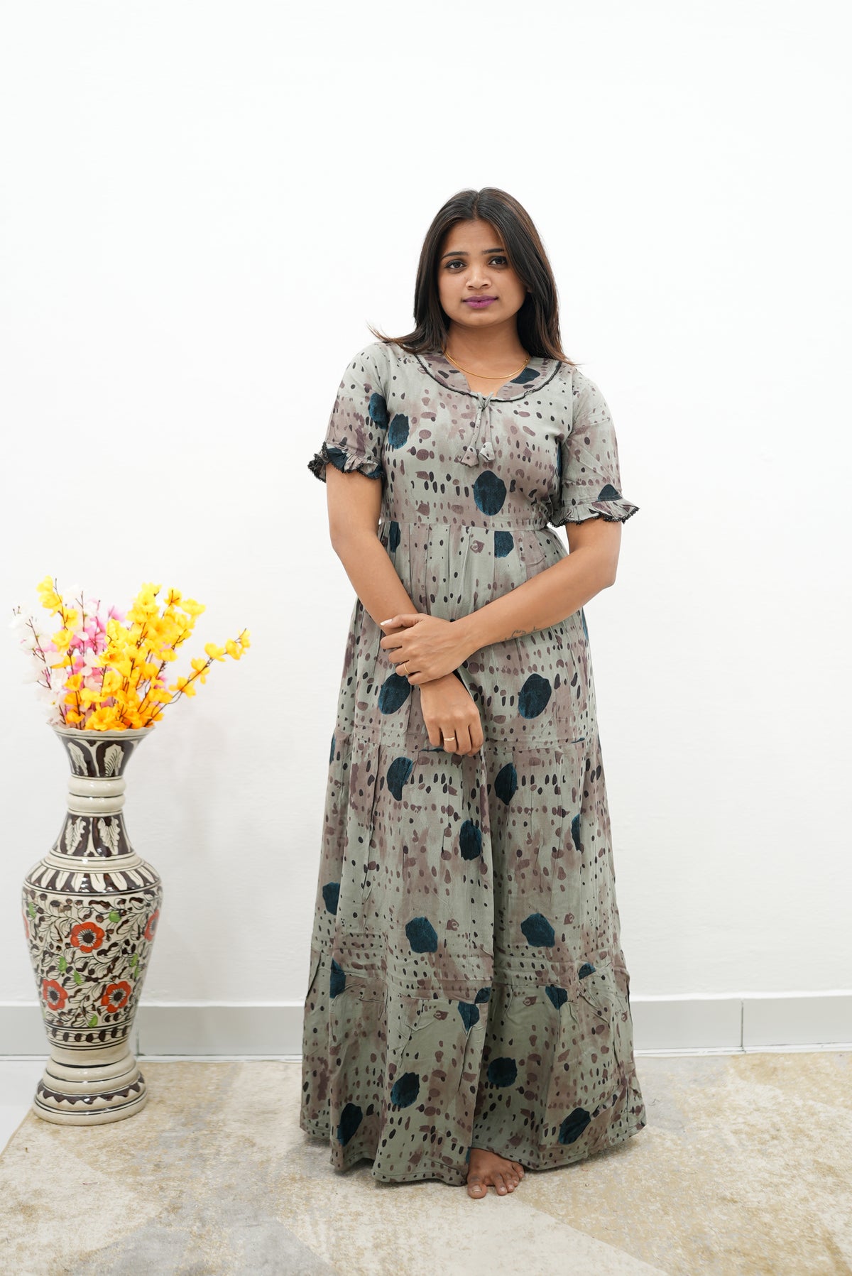 Mangai 3 Layer Flared Frock Model Nighties Soft and Smooth Premium Quality Rayon Material , Fancy Frilled Sleeve, Side Pocket , Back tie Rope , Stylish Collection's for Trendy Women's (MRK)