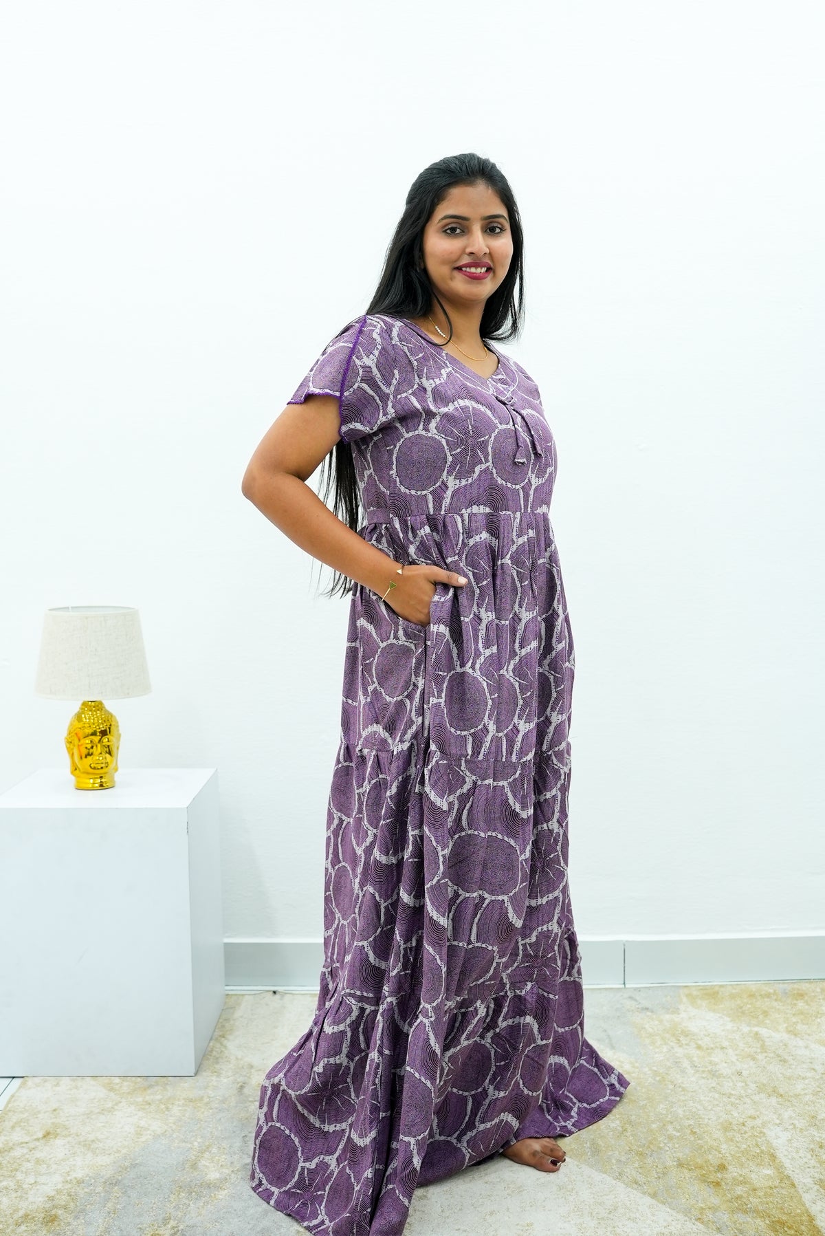 Stylish Alpine 3 Layer Frock Model Nighties| Fancy Sleeves & Neck Pattern| Side Pocket with Back Tie Rope | Perfect Nightwear Trendy Women's (AFK)