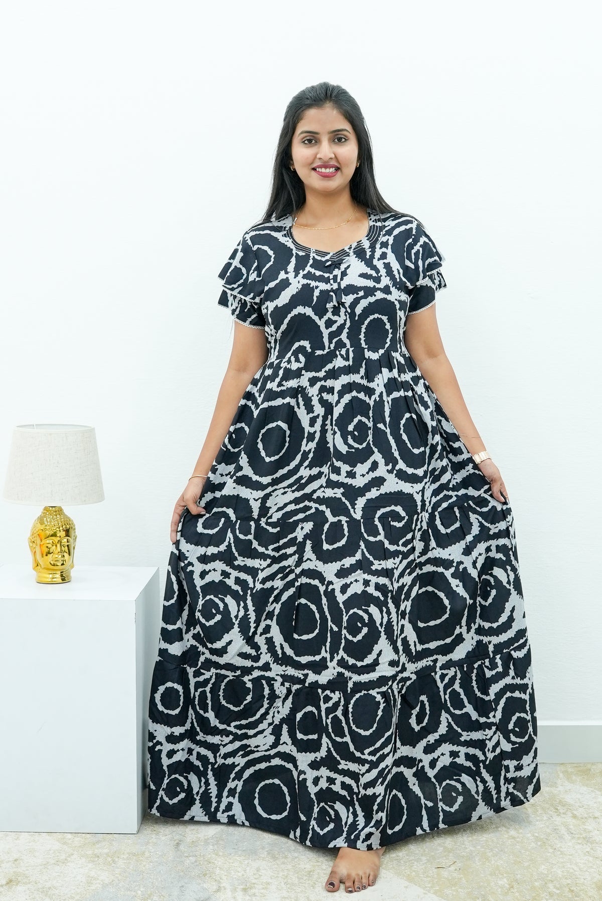 Stylish Alpine 3 Layer Frock Model Nighties| Fancy Sleeves & Neck Pattern| Side Pocket with Back Tie Rope | Perfect Nightwear Trendy Women's (AFK)