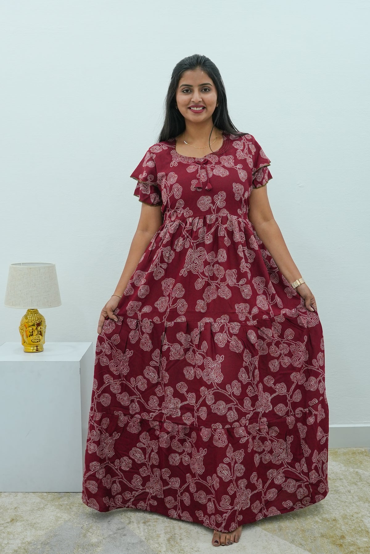 Stylish Alpine 3 Layer Frock Model Nighties| Fancy Sleeves & Neck Pattern| Side Pocket with Back Tie Rope | Perfect Nightwear Trendy Women's (AFK)