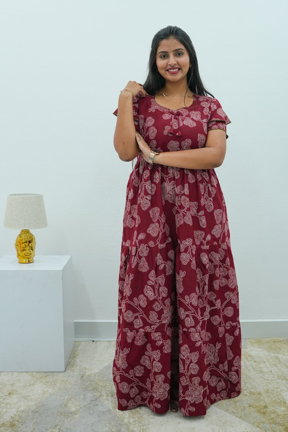 Stylish Alpine 3 Layer Frock Model Nighties| Fancy Sleeves & Neck Pattern| Side Pocket with Back Tie Rope | Perfect Nightwear Trendy Women's (AFK)