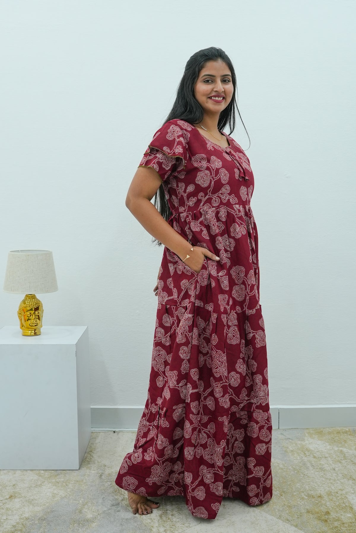 Stylish Alpine 3 Layer Frock Model Nighties| Fancy Sleeves & Neck Pattern| Side Pocket with Back Tie Rope | Perfect Nightwear Trendy Women's (AFK)