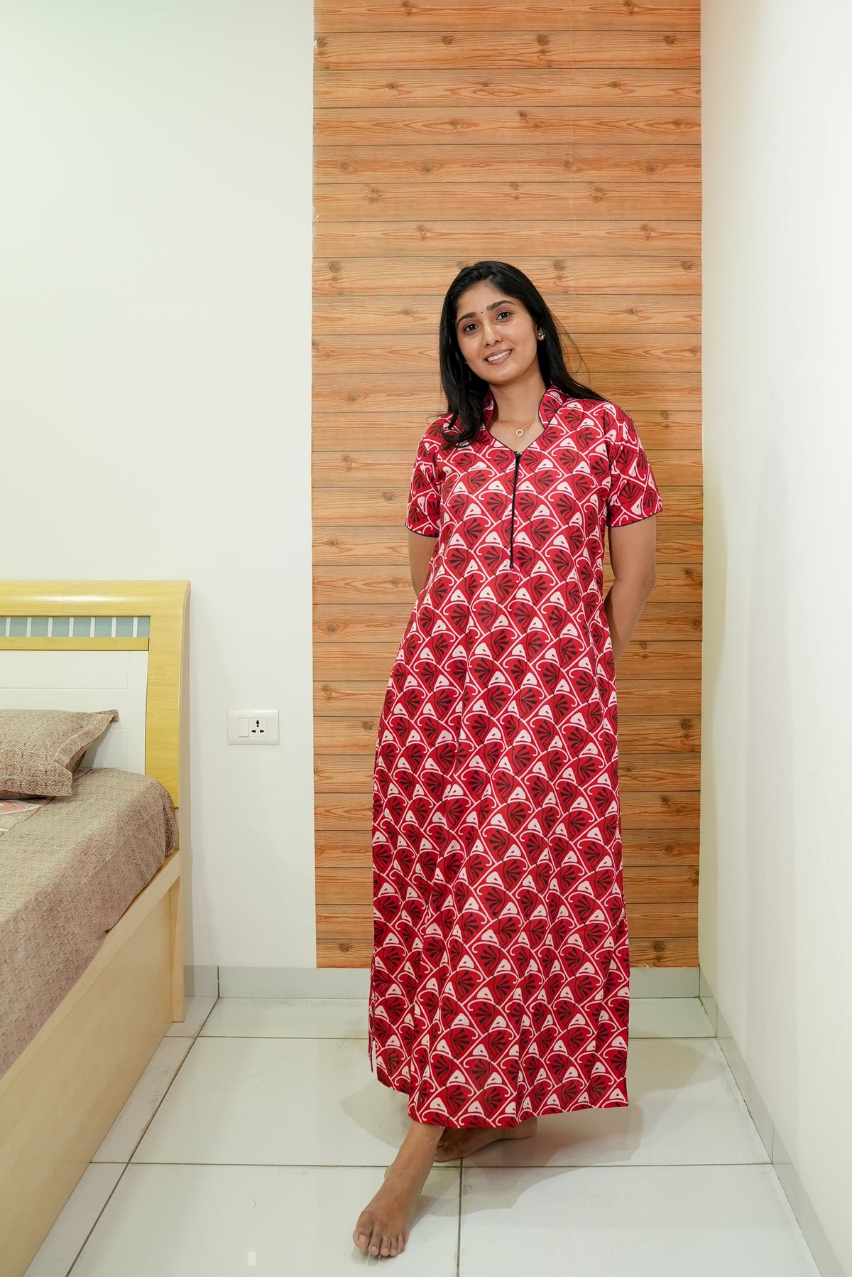 MANGAI Daily Wear Casual Comfort Fit Cotton Printed Nighties | Front open Zipper Model| Slit Open & Neck Collar Comfort Fit Daily Wear Nighties (DRN)