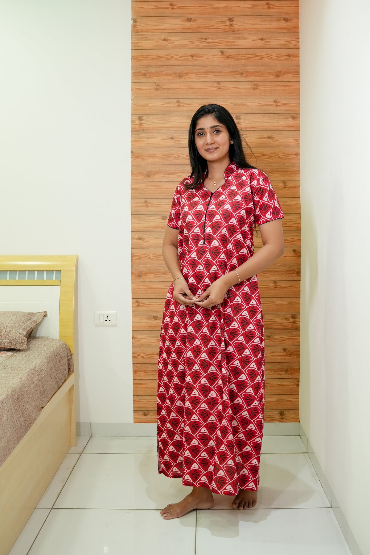 MANGAI Daily Wear Casual Comfort Fit Cotton Printed Nighties | Front open Zipper Model| Slit Open & Neck Collar Comfort Fit Daily Wear Nighties (DRN)