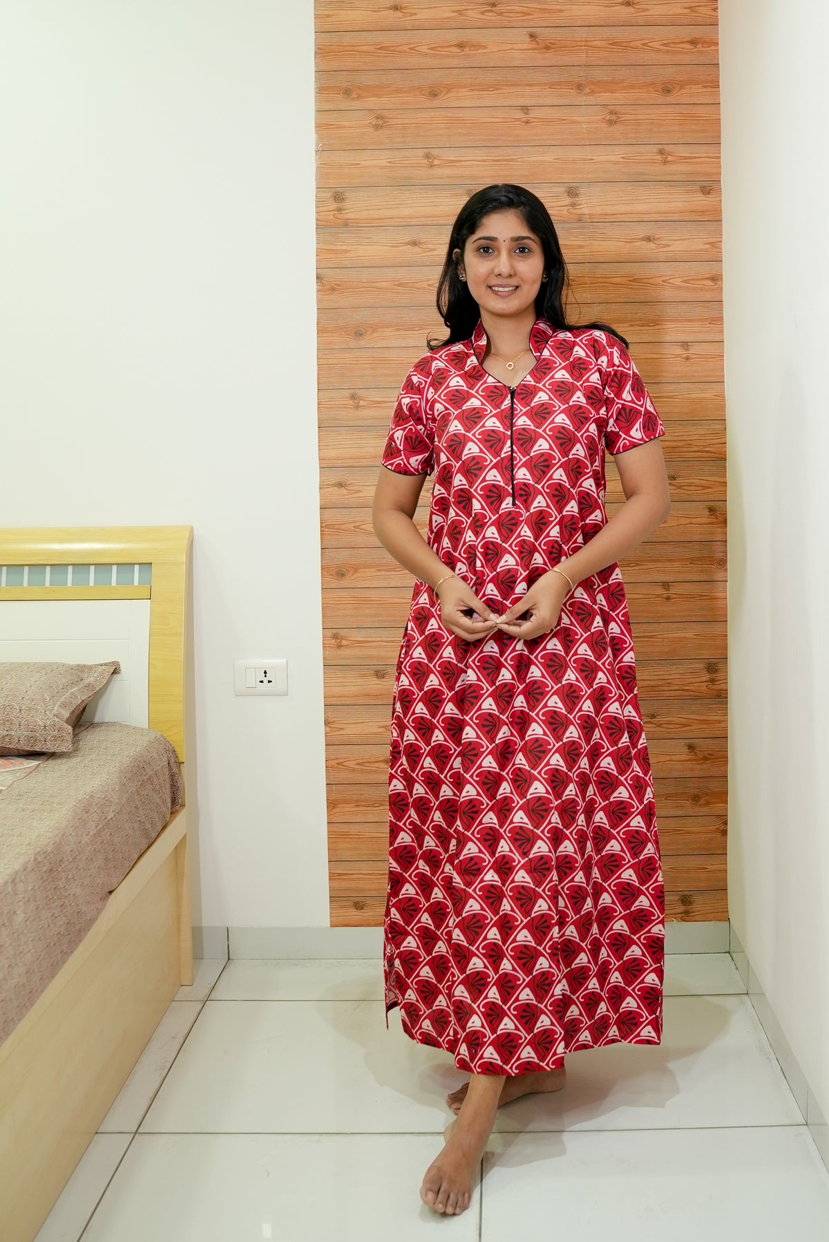 MANGAI Daily Wear Casual Comfort Fit Cotton Printed Nighties | Front open Zipper Model| Slit Open & Neck Collar Comfort Fit Daily Wear Nighties (DRN)