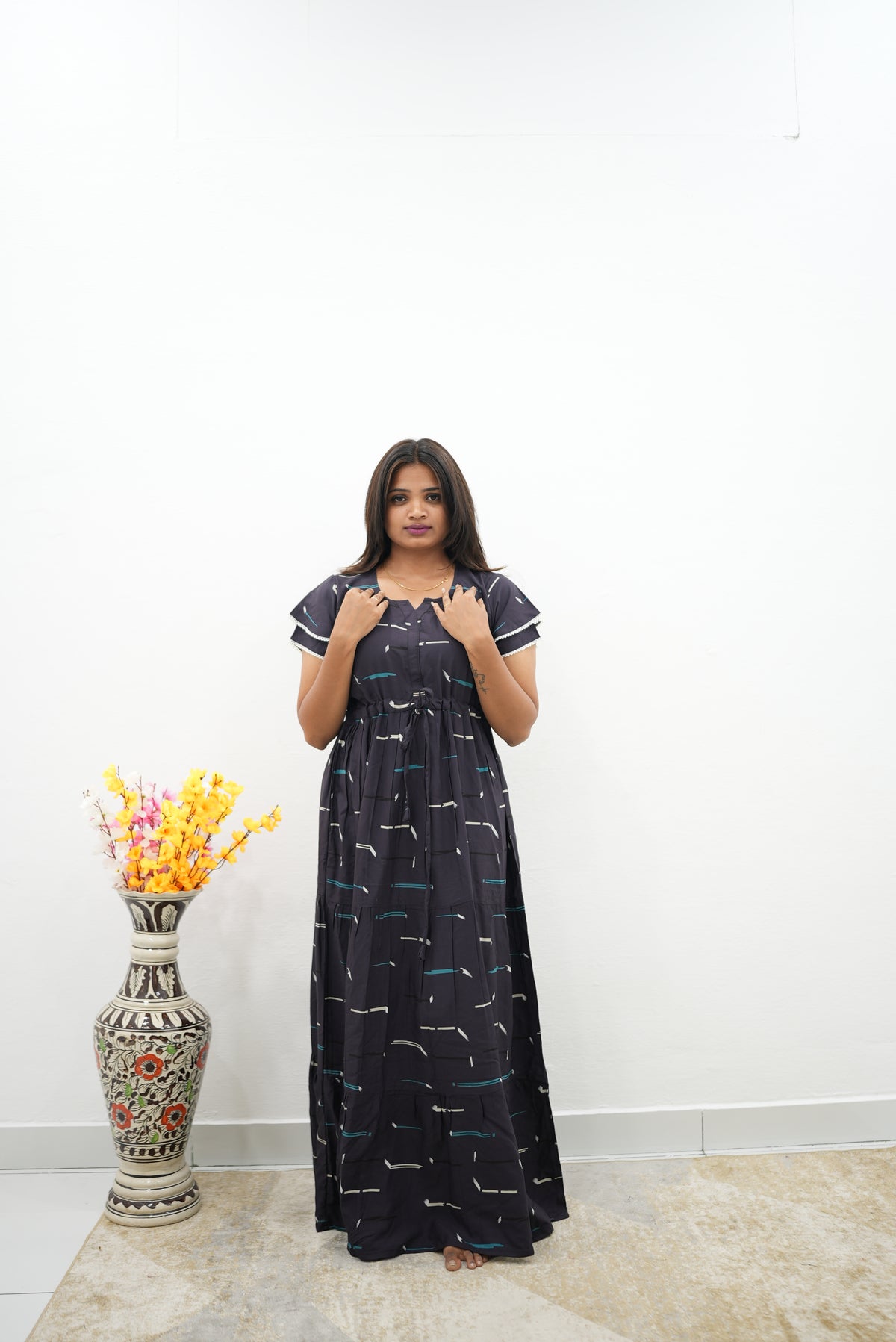 Stylish Arrivals Rayon Gathering Frock Model Night Gown's | Front Adjustable Gathering Style Rope | Double Layer Sleeve | Trending Collection's for Stylish Women's (FKG)