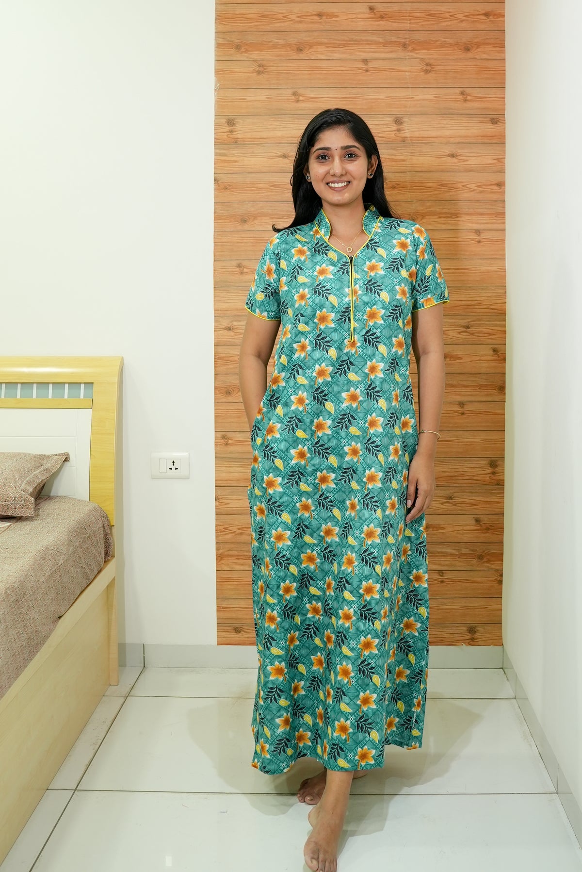 MANGAI Daily Wear Casual Comfort Fit Cotton Printed Nighties | Front open Zipper Model| Slit Open & Neck Collar Comfort Fit Daily Wear Nighties (DRN)