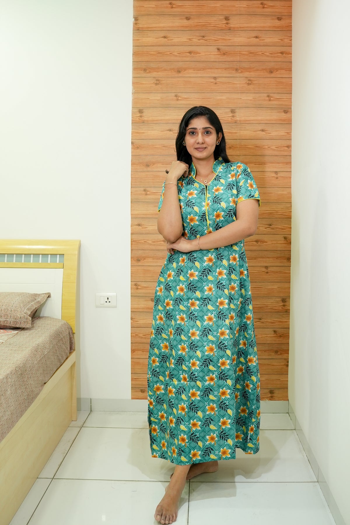 MANGAI Daily Wear Casual Comfort Fit Cotton Printed Nighties | Front open Zipper Model| Slit Open & Neck Collar Comfort Fit Daily Wear Nighties (DRN)