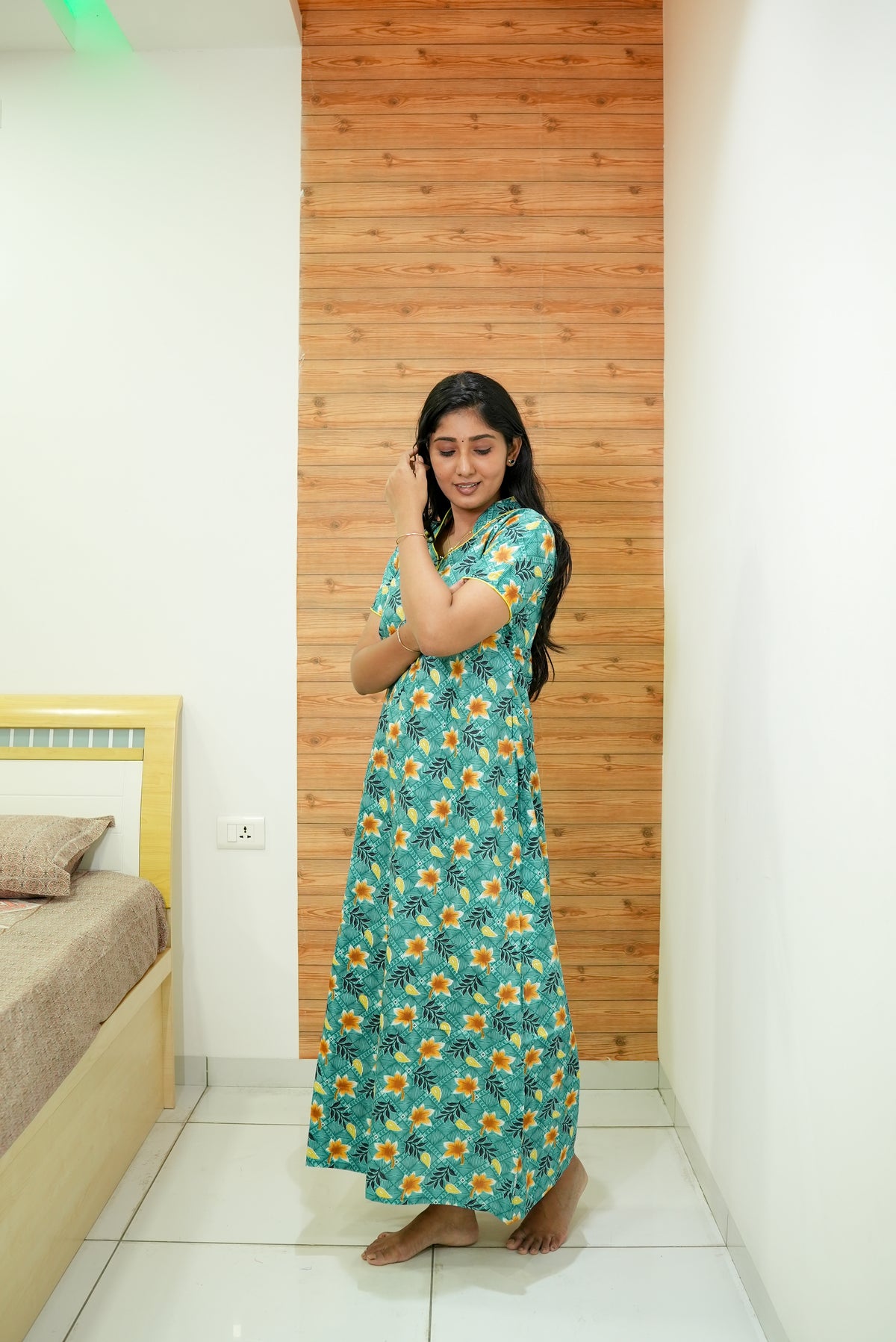 MANGAI Daily Wear Casual Comfort Fit Cotton Printed Nighties | Front open Zipper Model| Slit Open & Neck Collar Comfort Fit Daily Wear Nighties (DRN)