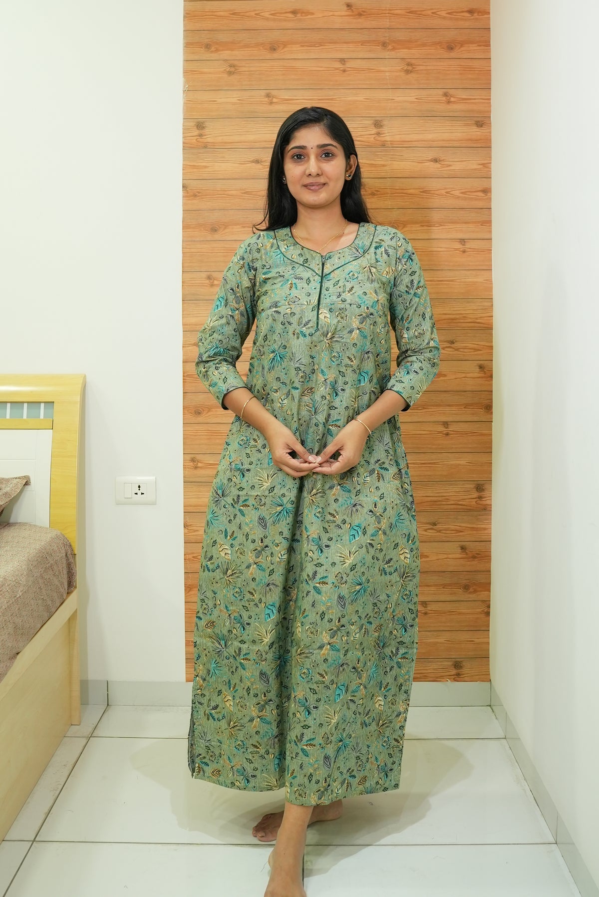 MANGAI Premium Cotton Printed Regular Comfort Long Sleeve Model Size Nighties - Fancy Neck | With Side Pocket |Shrinkage Free Nighties | Trendy Collection's for Stylish Women's (TFS)