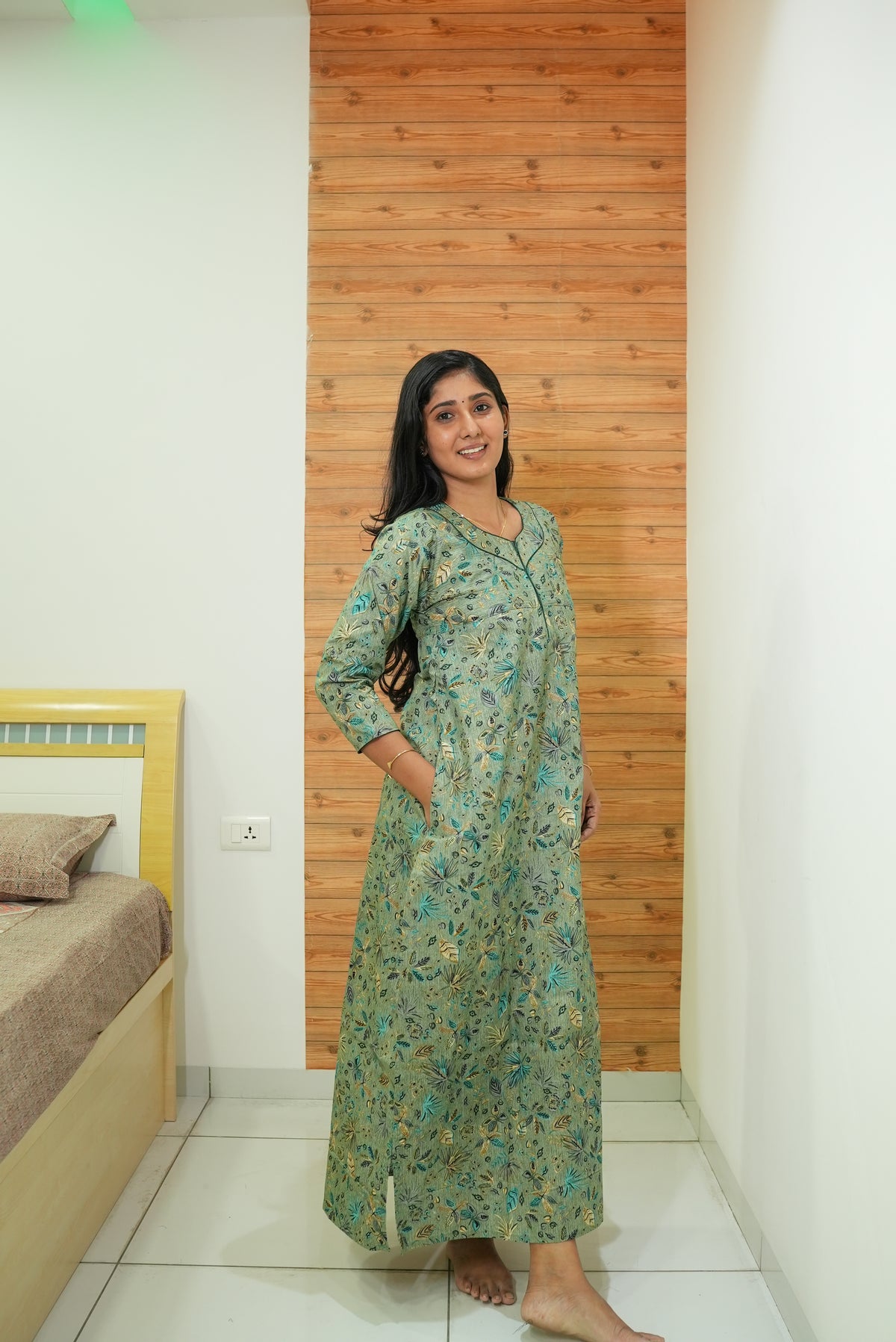 MANGAI Premium Cotton Printed Regular Comfort Long Sleeve Model Size Nighties - Fancy Neck | With Side Pocket |Shrinkage Free Nighties | Trendy Collection's for Stylish Women's (TFS)