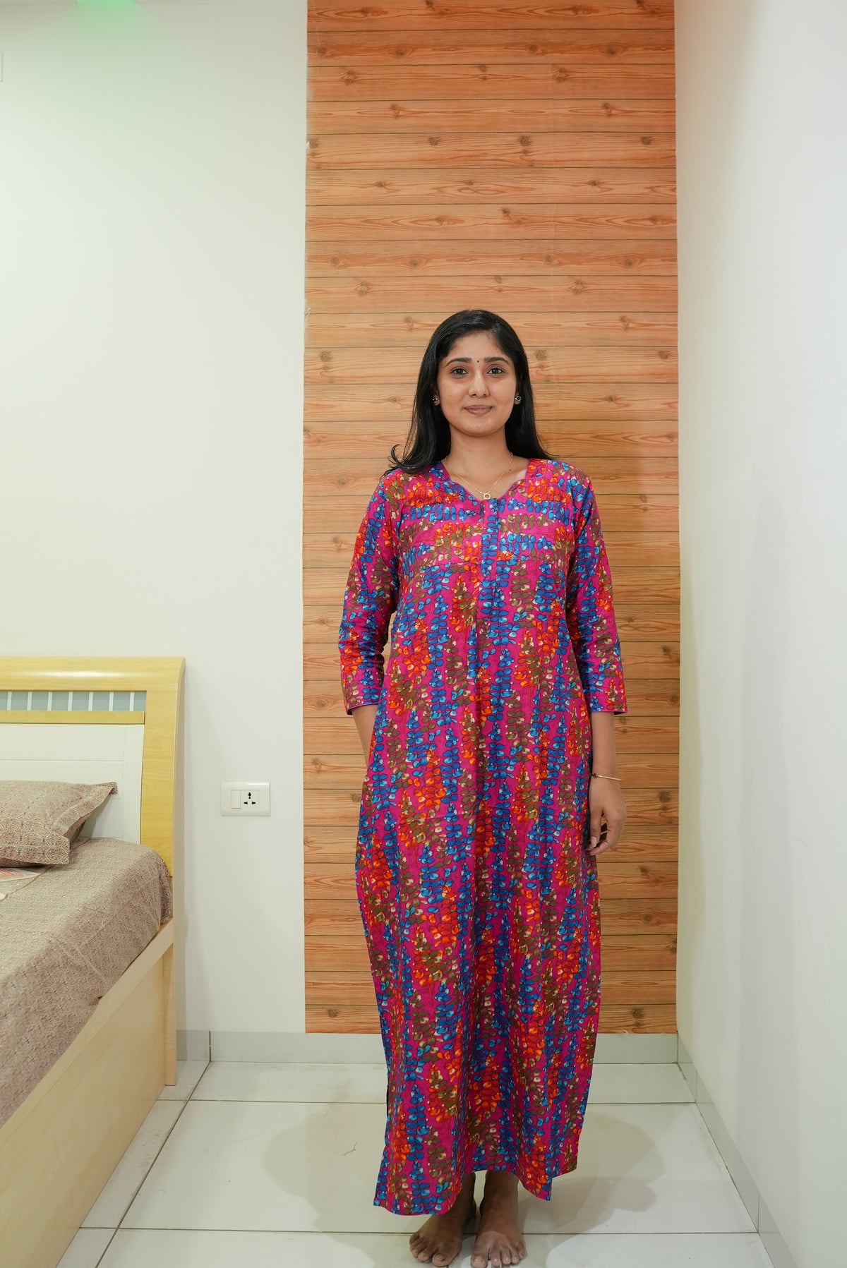 MANGAI Premium Cotton Printed Regular Comfort Long Sleeve Model Size Nighties - Fancy Neck | With Side Pocket |Shrinkage Free Nighties | Trendy Collection's for Stylish Women's (TFS)