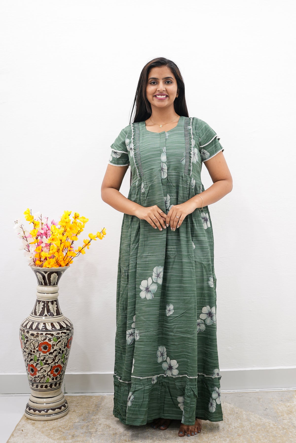 MANGAI Rayon Frock Nighties | Front Open Lengthy Zipper Comforts Feeding | Fancy Double Layered Sleeve's | Post & Pre Pregnancy's and Casual Wear | Side Pocket |Versatile Rayon Frock Night Gown's for Stylish Women's (RFF)