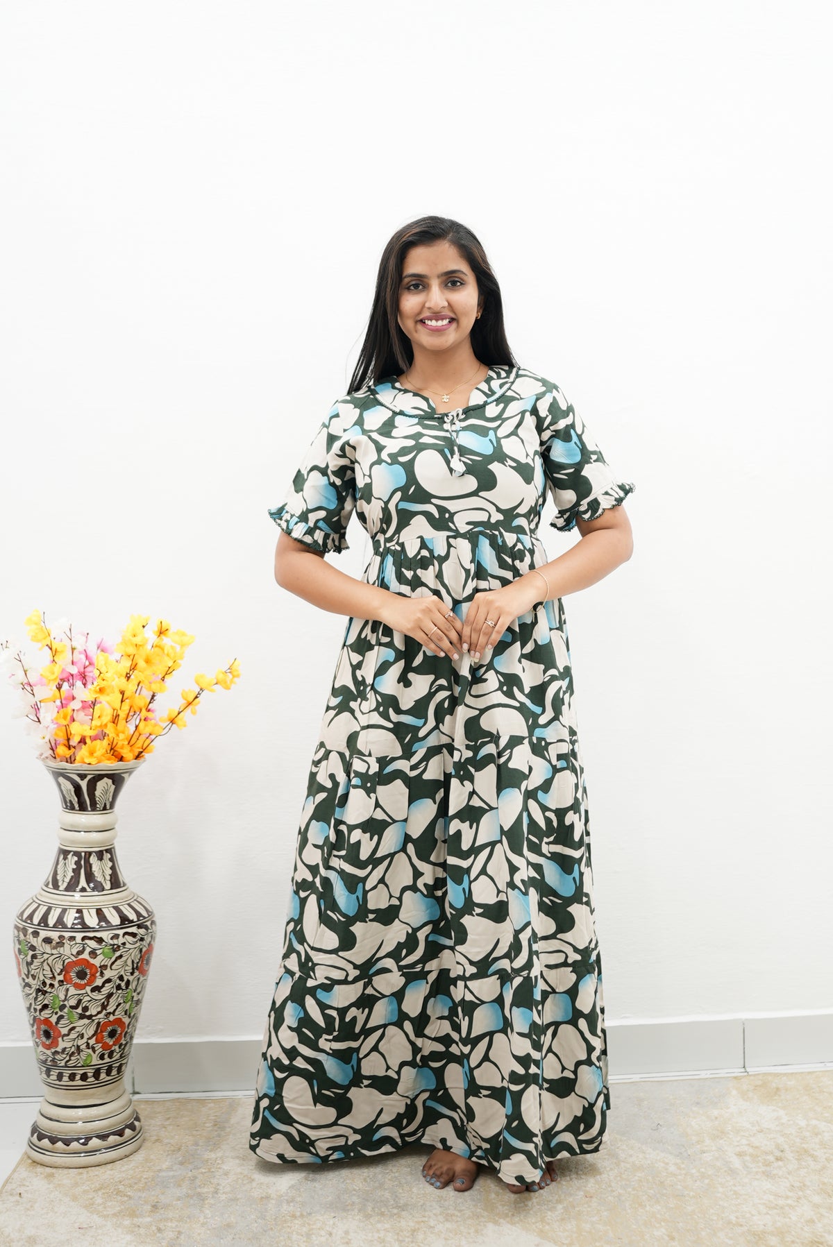 Mangai 3 Layer Flared Frock Model Nighties Soft and Smooth Premium Quality Rayon Material , Fancy Frilled Sleeve, Side Pocket , Back tie Rope , Stylish Collection's for Trendy Women's (MRK)