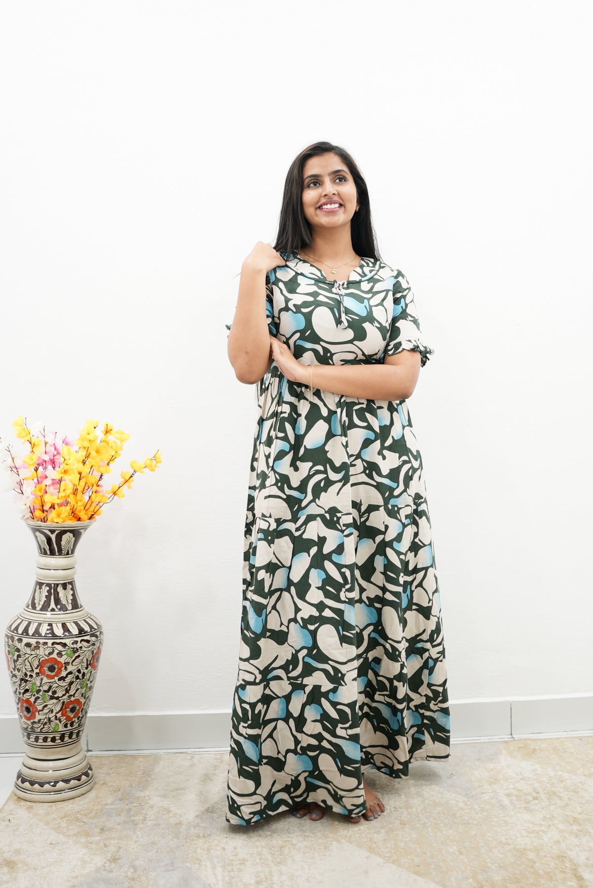 Mangai 3 Layer Flared Frock Model Nighties Soft and Smooth Premium Quality Rayon Material , Fancy Frilled Sleeve, Side Pocket , Back tie Rope , Stylish Collection's for Trendy Women's (MRK)