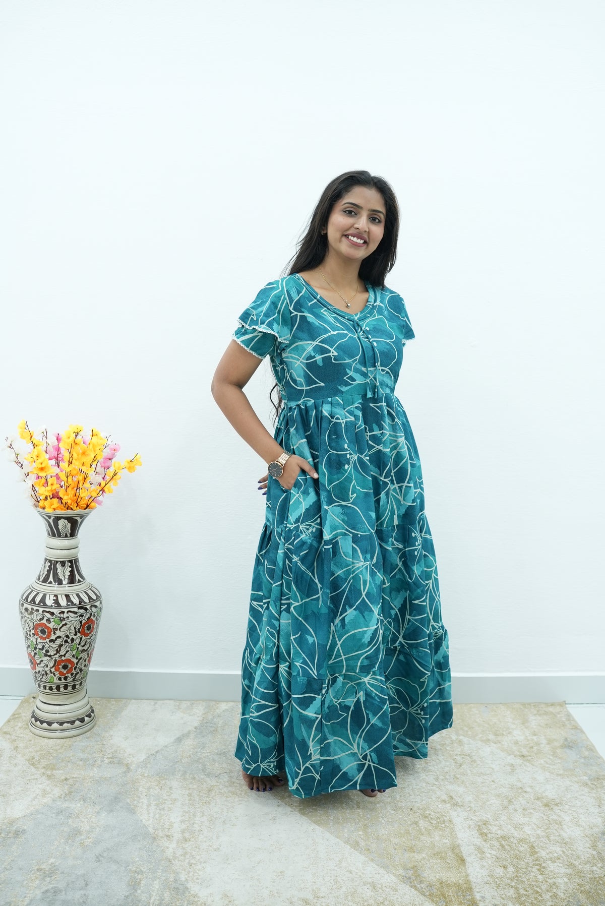 Peacock Floral Premium Alpine 3-Layer Maxi Frock – Elegant Double Layer Butterfly Sleeves with V-Neck & Adjustable Back Tie - Breathable All-Season Fabric