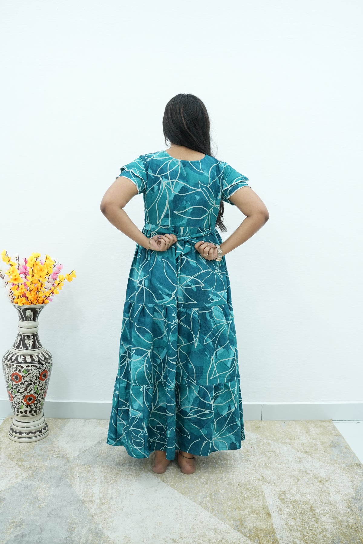 Peacock Floral Premium Alpine 3-Layer Maxi Frock – Elegant Double Layer Butterfly Sleeves with V-Neck & Adjustable Back Tie - Breathable All-Season Fabric