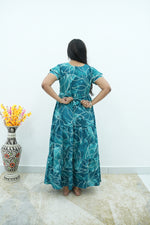 Peacock Floral Premium Alpine 3-Layer Maxi Frock – Elegant Double Layer Butterfly Sleeves with V-Neck & Adjustable Back Tie - Breathable All-Season Fabric