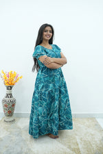 Peacock Floral Premium Alpine 3-Layer Maxi Frock – Elegant Double Layer Butterfly Sleeves with V-Neck & Adjustable Back Tie - Breathable All-Season Fabric