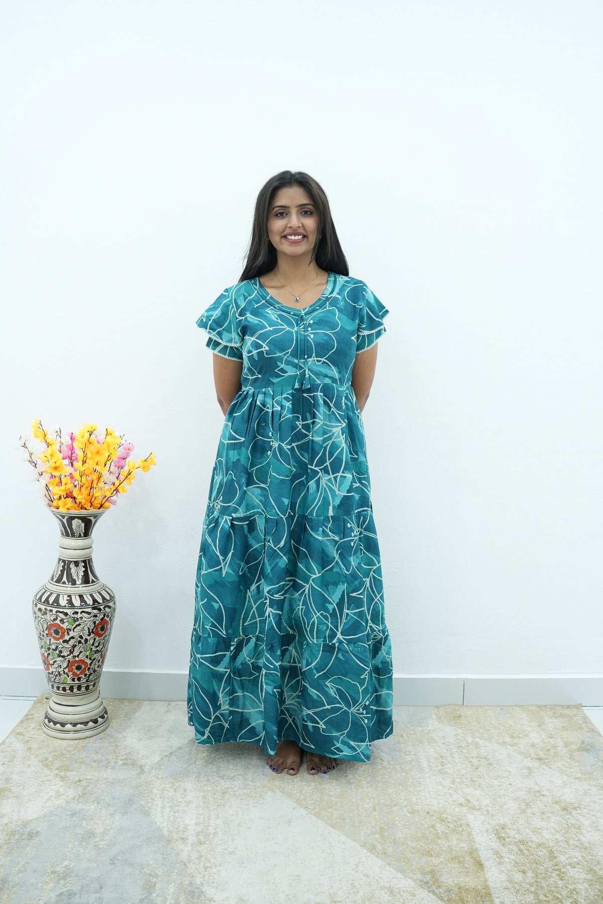 Peacock Floral Premium Alpine 3-Layer Maxi Frock – Elegant Double Layer Butterfly Sleeves with V-Neck & Adjustable Back Tie - Breathable All-Season Fabric