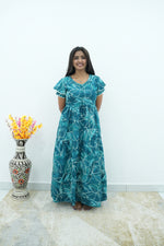 Peacock Floral Premium Alpine 3-Layer Maxi Frock – Elegant Double Layer Butterfly Sleeves with V-Neck & Adjustable Back Tie - Breathable All-Season Fabric