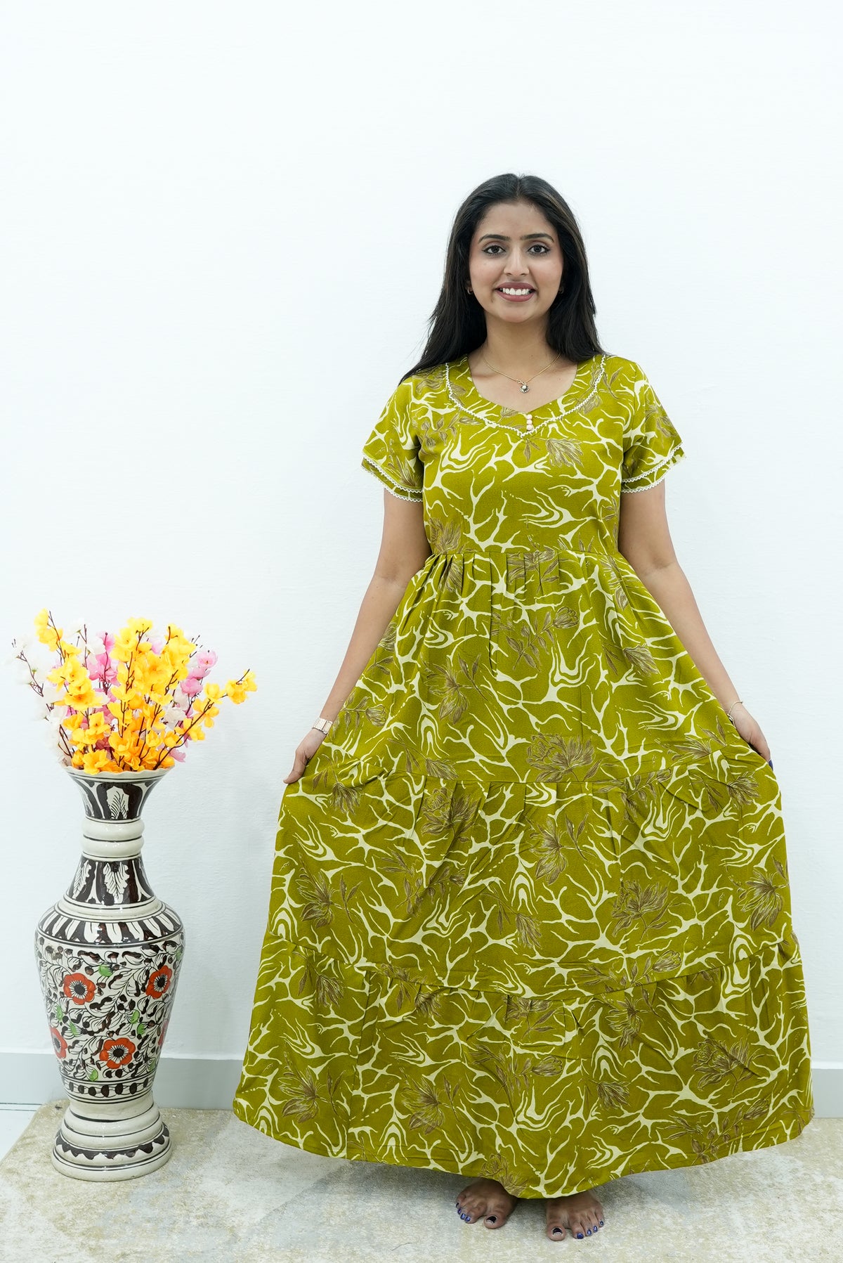 Premium Alpine 3-Layer Slate Geometric Maxi Frock – Double Layer Flutter Sleeves with Square Neck & Adjustable Back Tie