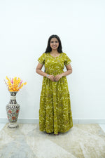 Premium Alpine 3-Layer Slate Geometric Maxi Frock – Double Layer Flutter Sleeves with Square Neck & Adjustable Back Tie