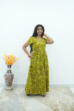 Premium Alpine 3-Layer Slate Geometric Maxi Frock – Double Layer Flutter Sleeves with Square Neck & Adjustable Back Tie