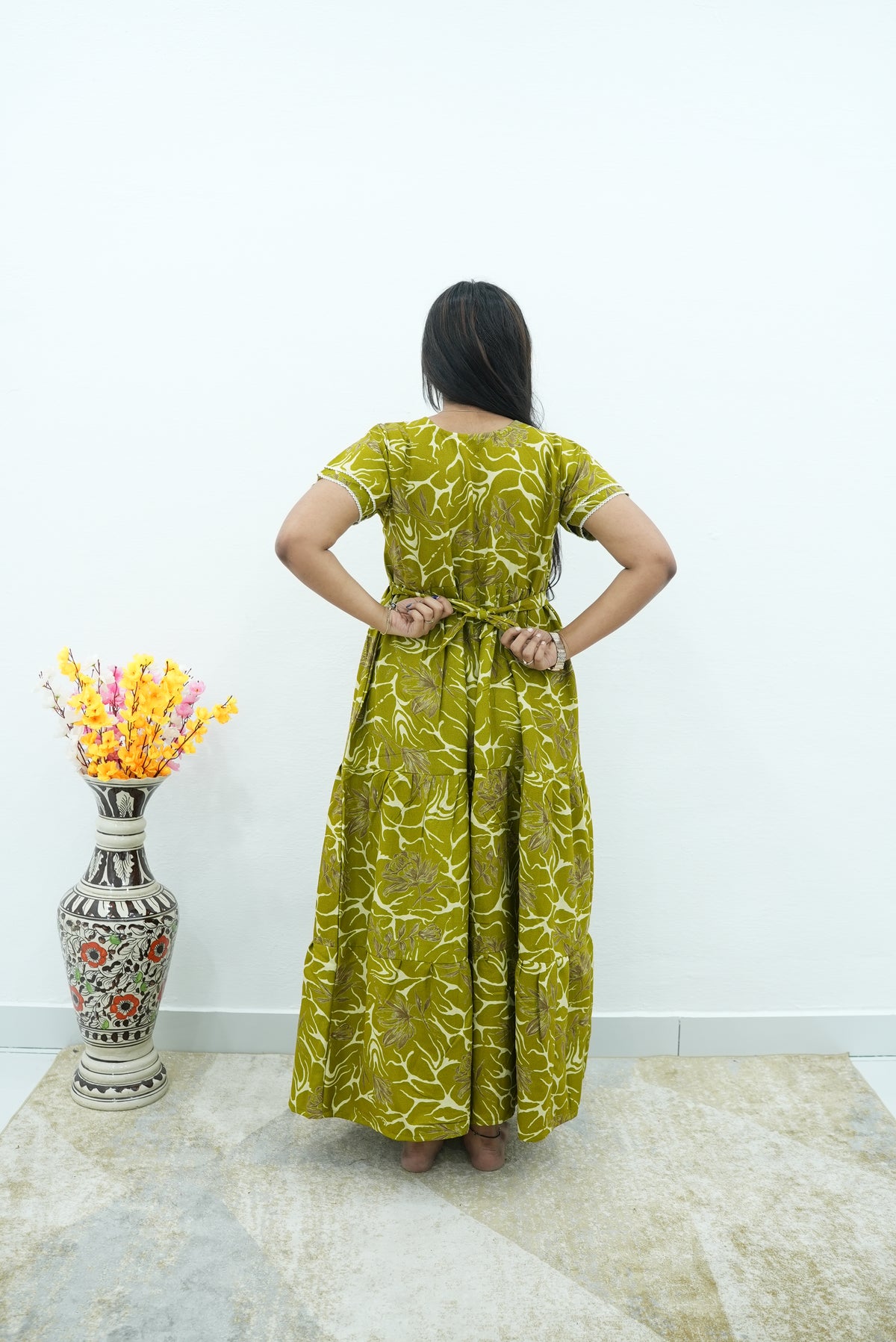 Premium Alpine 3-Layer Slate Geometric Maxi Frock – Double Layer Flutter Sleeves with Square Neck & Adjustable Back Tie