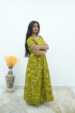 Premium Alpine 3-Layer Slate Geometric Maxi Frock – Double Layer Flutter Sleeves with Square Neck & Adjustable Back Tie