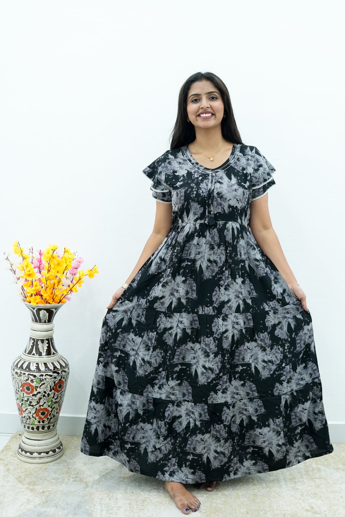 Onyx Midnight Premium Alpine 3-Layer Maxi Frock – Designer Double Layer Butterfly Sleeves with Piping V-Neck & Adjustable Back Tie