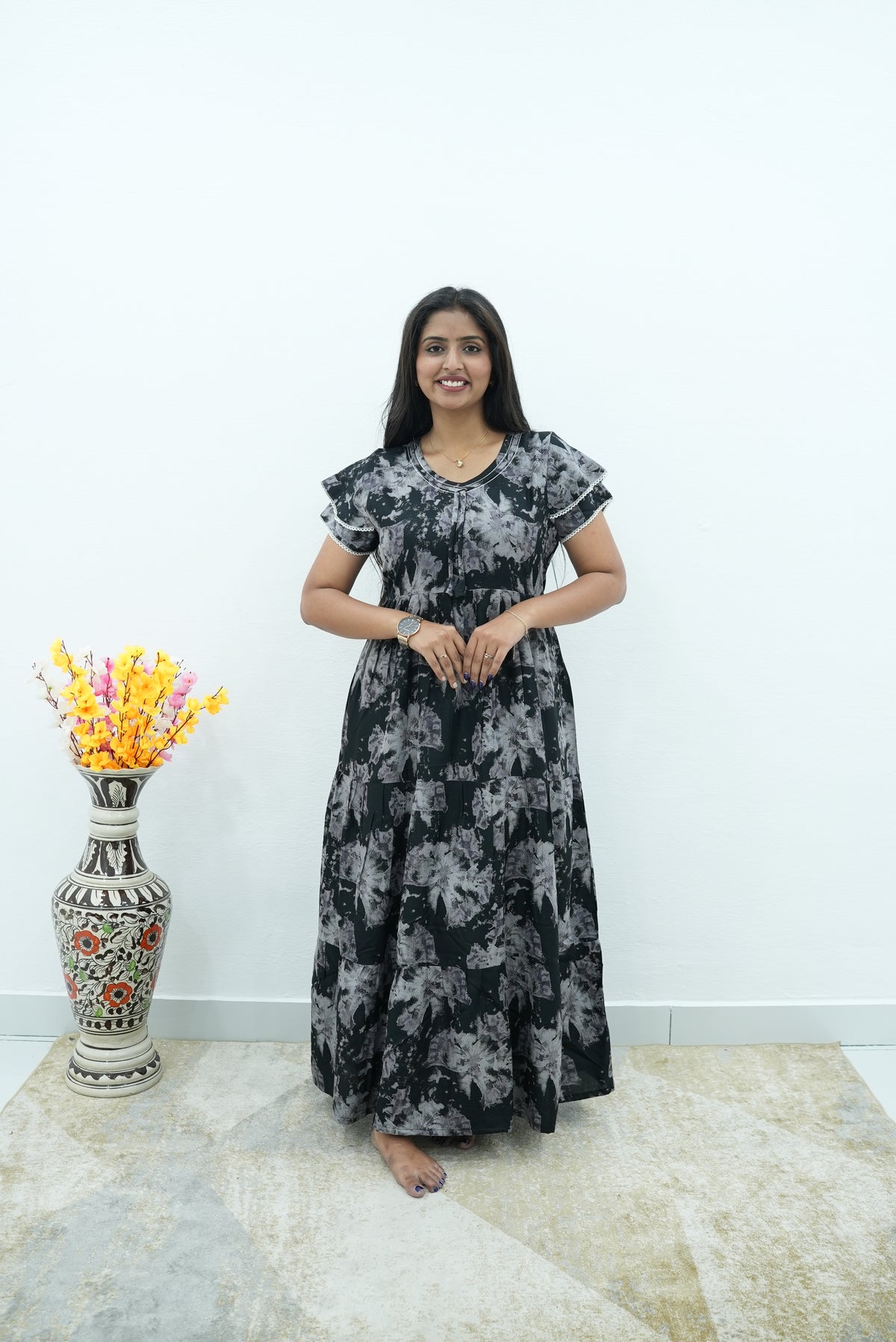 Onyx Midnight Premium Alpine 3-Layer Maxi Frock – Designer Double Layer Butterfly Sleeves with Piping V-Neck & Adjustable Back Tie