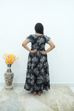 Onyx Midnight Premium Alpine 3-Layer Maxi Frock – Designer Double Layer Butterfly Sleeves with Piping V-Neck & Adjustable Back Tie