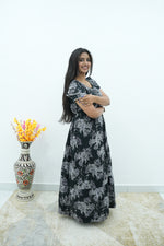 Onyx Midnight Premium Alpine 3-Layer Maxi Frock – Designer Double Layer Butterfly Sleeves with Piping V-Neck & Adjustable Back Tie