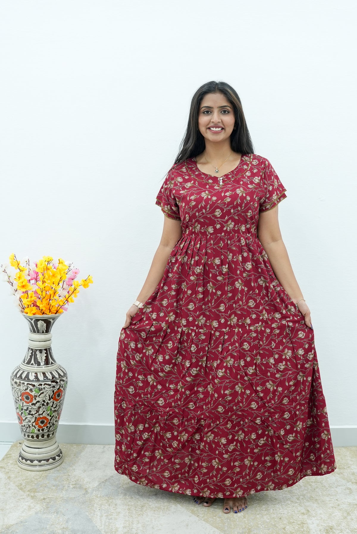 Burgundy Vine Premium Alpine 3-Layer Maxi Frock – Designer Double Layer Butterfly Sleeves with Elegant Square Neck & Adjustable Back Tie