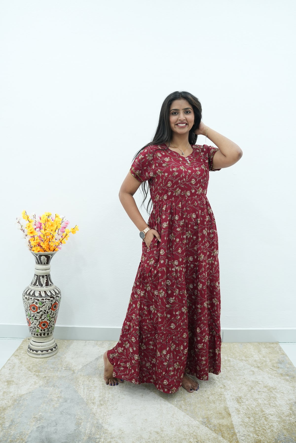 Burgundy Vine Premium Alpine 3-Layer Maxi Frock – Designer Double Layer Butterfly Sleeves with Elegant Square Neck & Adjustable Back Tie