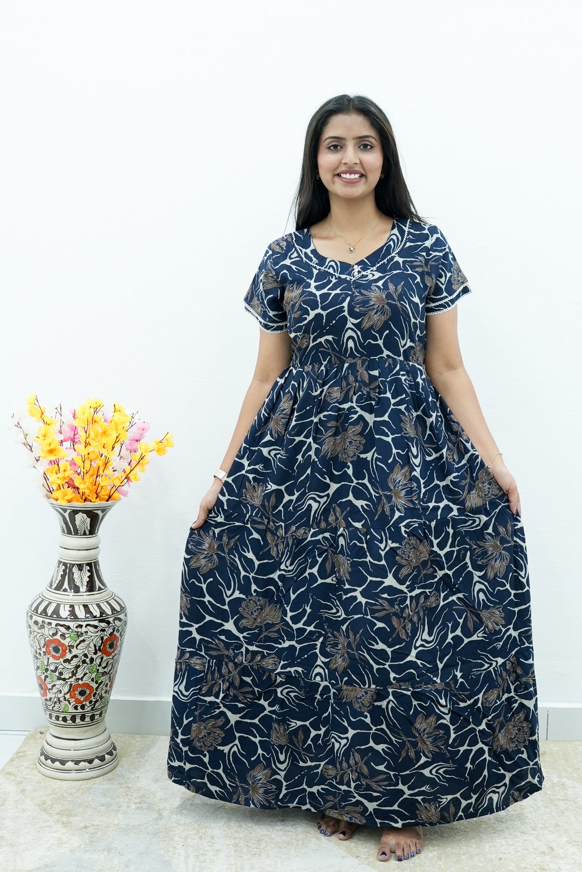 Premium Alpine 3-Layer Slate Geometric Maxi Frock – Double Layer Flutter Sleeves with Square Neck & Adjustable Back Tie