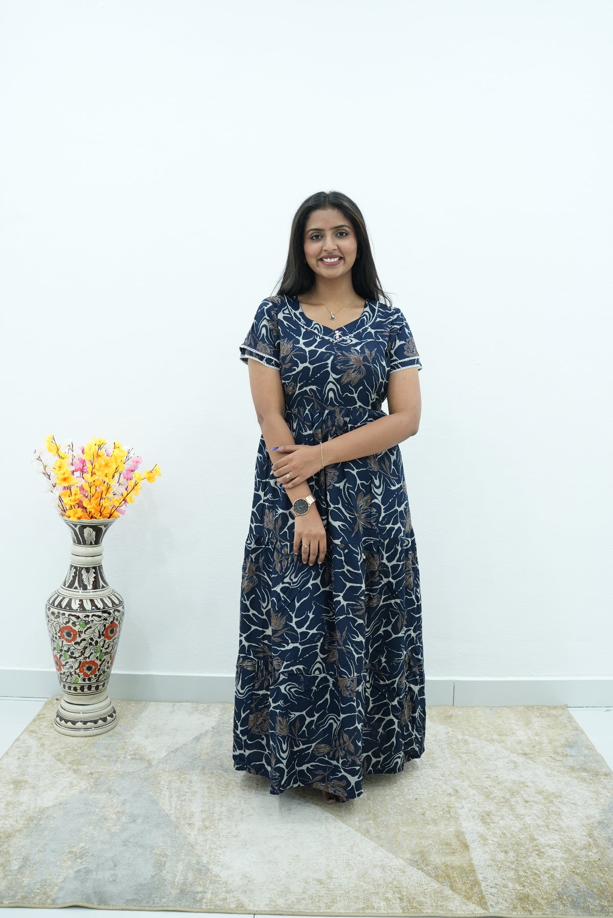 Premium Alpine 3-Layer Slate Geometric Maxi Frock – Double Layer Flutter Sleeves with Square Neck & Adjustable Back Tie