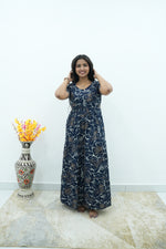 Premium Alpine 3-Layer Slate Geometric Maxi Frock – Double Layer Flutter Sleeves with Square Neck & Adjustable Back Tie