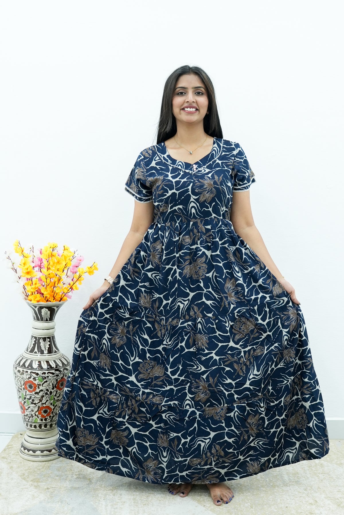 Premium Alpine 3-Layer Slate Geometric Maxi Frock – Double Layer Flutter Sleeves with Square Neck & Adjustable Back Tie