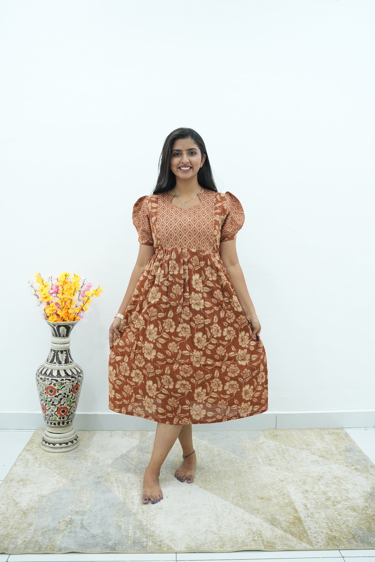 Terracotta Katha-Print Premium Cotton Maternity Maxi – Dual Invisible Zipper Feeding Dress with Stylish Square Neck & Puff Sleeves