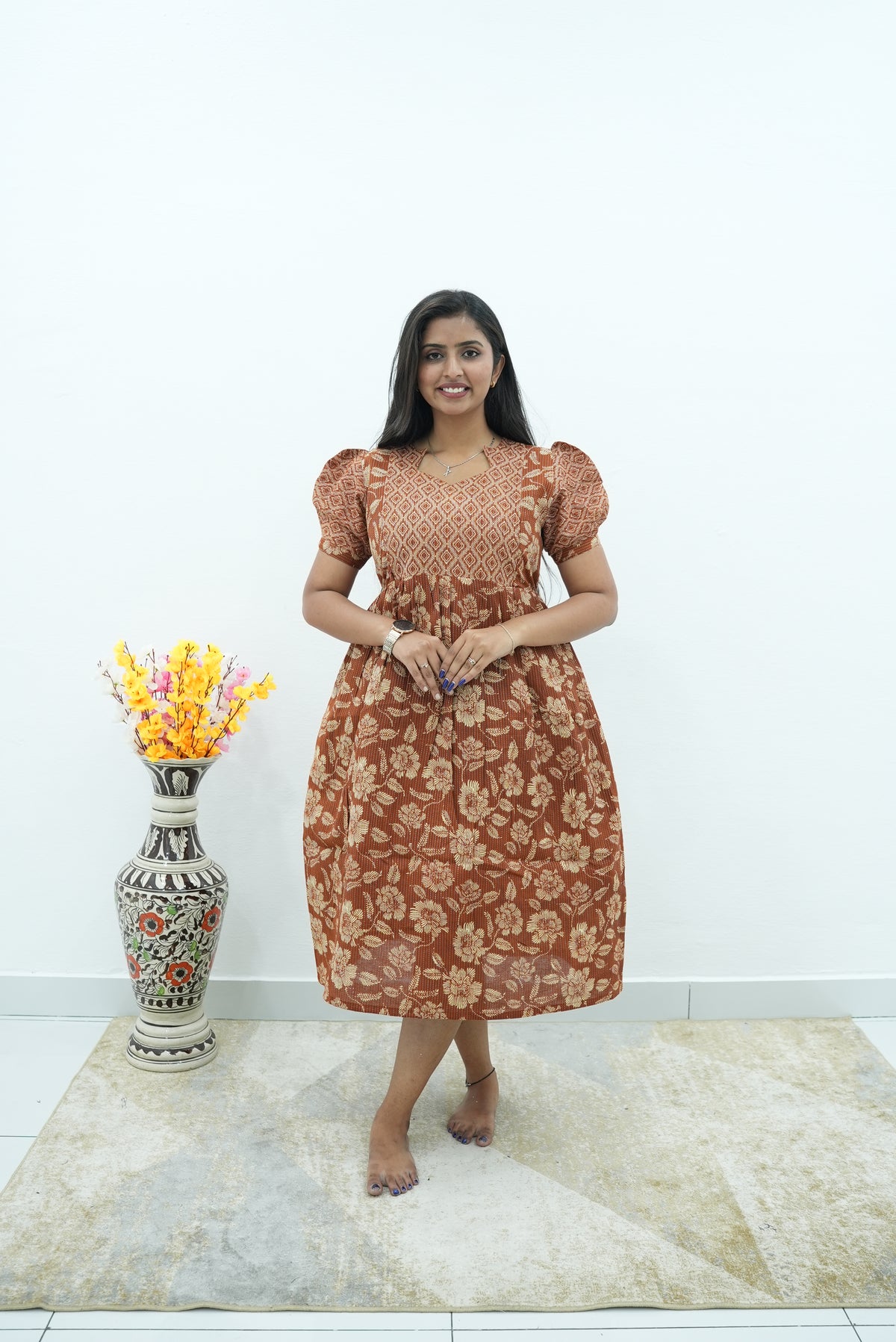 Terracotta Katha-Print Premium Cotton Maternity Maxi – Dual Invisible Zipper Feeding Dress with Stylish Square Neck & Puff Sleeves