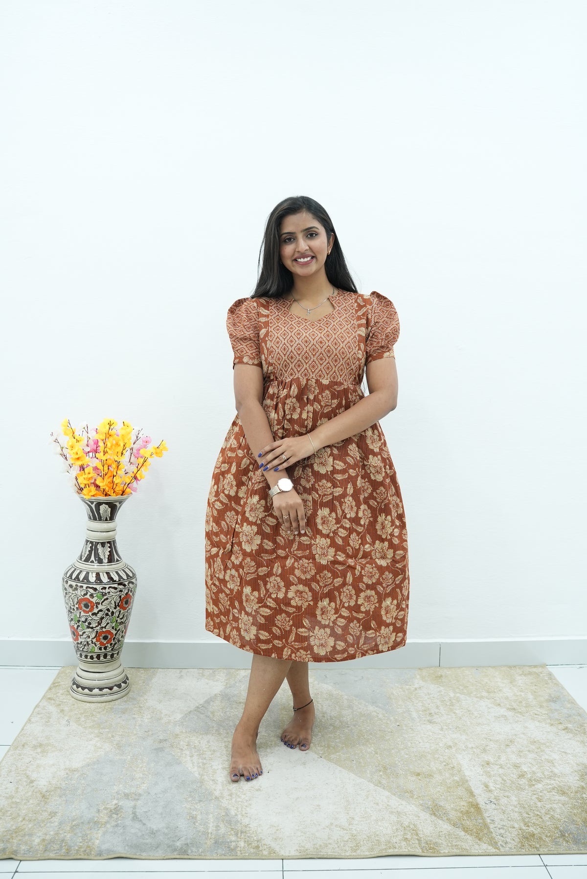 Terracotta Katha-Print Premium Cotton Maternity Maxi – Dual Invisible Zipper Feeding Dress with Stylish Square Neck & Puff Sleeves