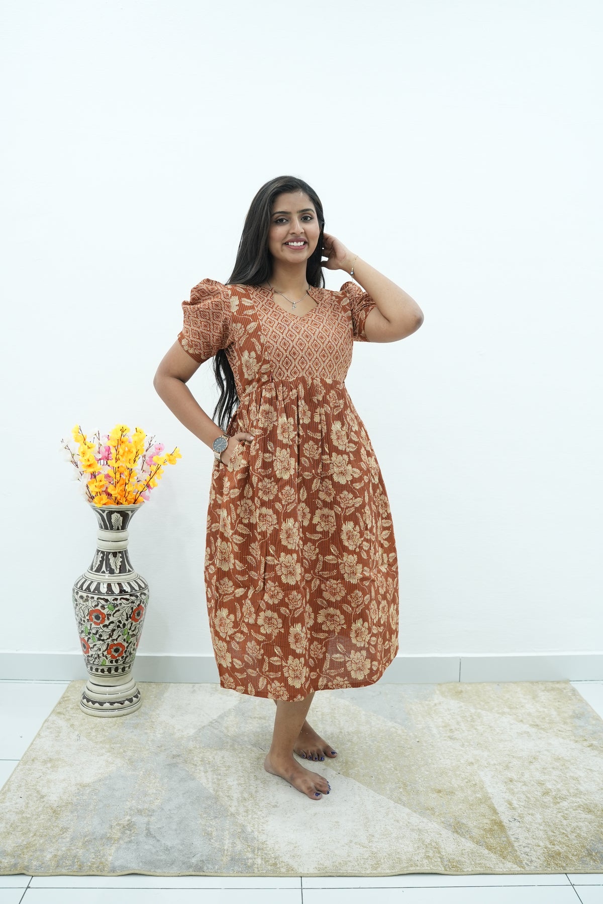 Terracotta Katha-Print Premium Cotton Maternity Maxi – Dual Invisible Zipper Feeding Dress with Stylish Square Neck & Puff Sleeves