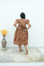 Terracotta Katha-Print Premium Cotton Maternity Maxi – Dual Invisible Zipper Feeding Dress with Stylish Square Neck & Puff Sleeves