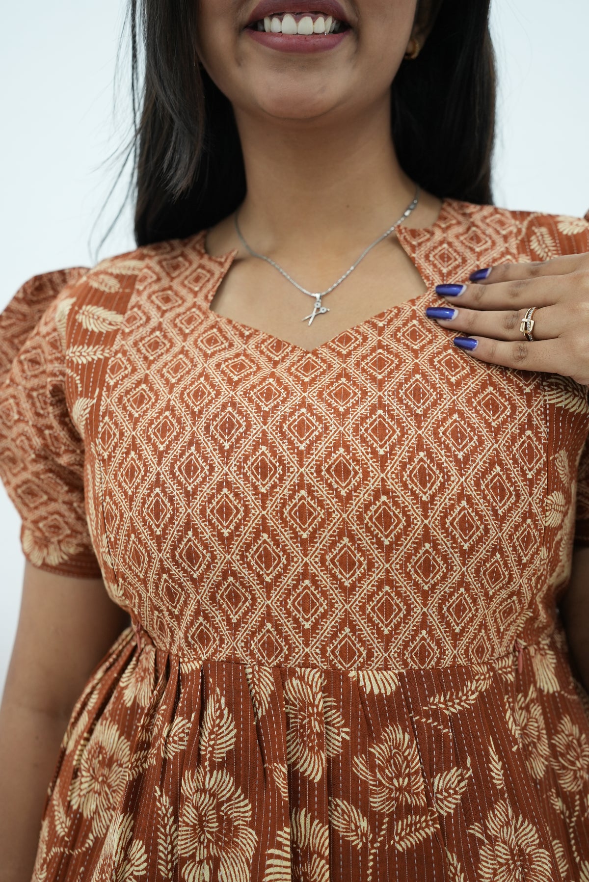 Terracotta Katha-Print Premium Cotton Maternity Maxi – Dual Invisible Zipper Feeding Dress with Stylish Square Neck & Puff Sleeves