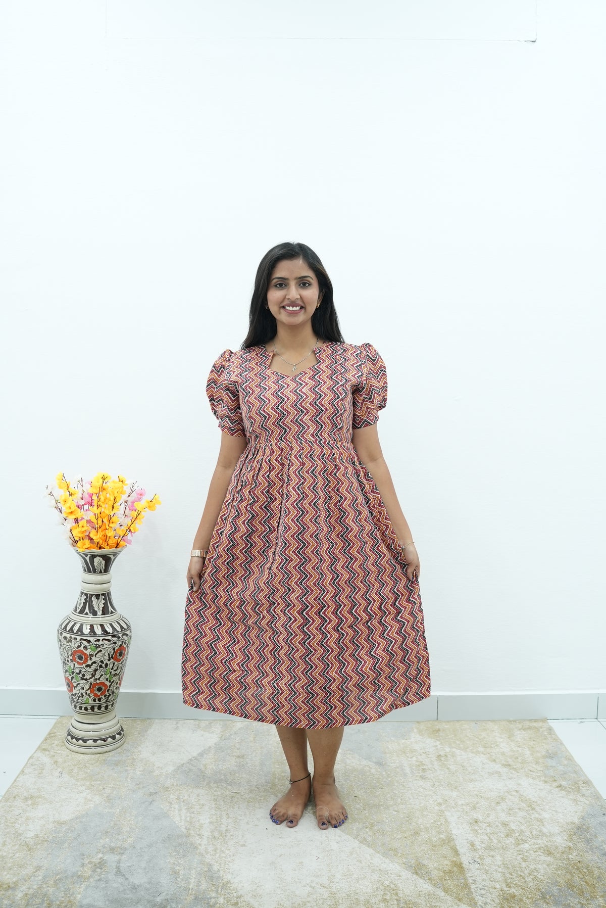 Katha Printed Earth-Tone Geometric Premium Cotton Maternity Maxi – Dual Invisible Zipper Feeding Dress with Stylish Square Neck & Puff Sleeves