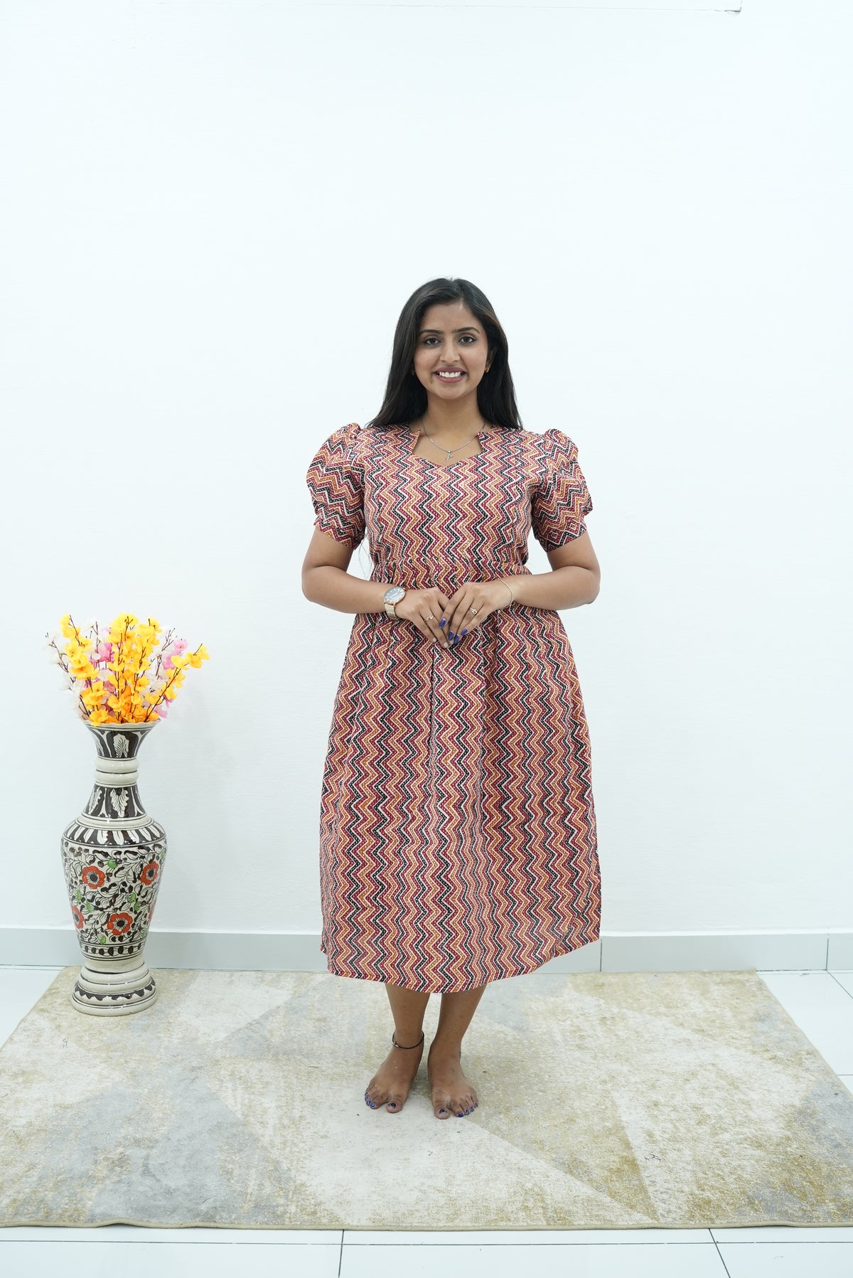 Katha Printed Earth-Tone Geometric Premium Cotton Maternity Maxi – Dual Invisible Zipper Feeding Dress with Stylish Square Neck & Puff Sleeves