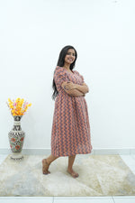 Katha Printed Earth-Tone Geometric Premium Cotton Maternity Maxi – Dual Invisible Zipper Feeding Dress with Stylish Square Neck & Puff Sleeves